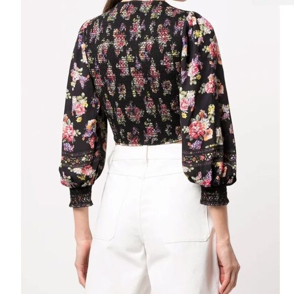 Alice + Olivia Marlee Floral Tie Front Blouson Sleeve Crop Blouse Top Small New - Picture 3 of 4
